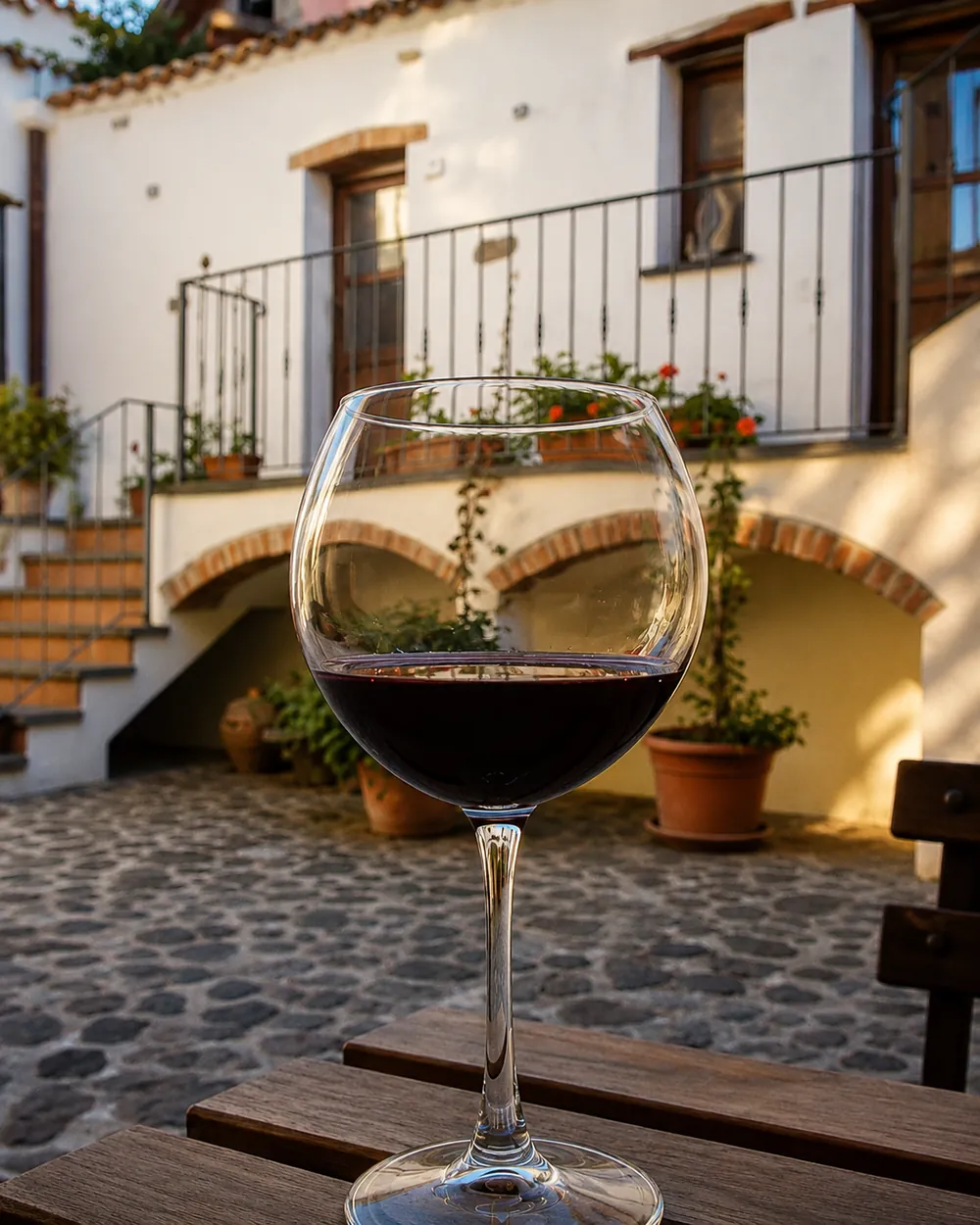 Calice di vino rosso nella corte acciottolata al tramonto